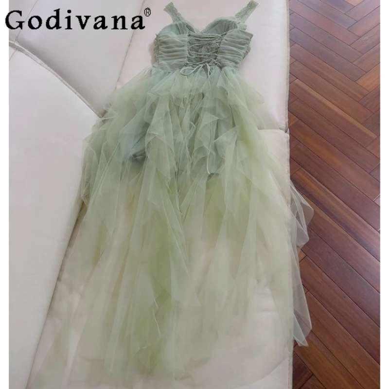 French Style Luxury Birthday Mini Dress Women Princess Green Mesh Strap Dress Female Vacation Forest Style Long Dress