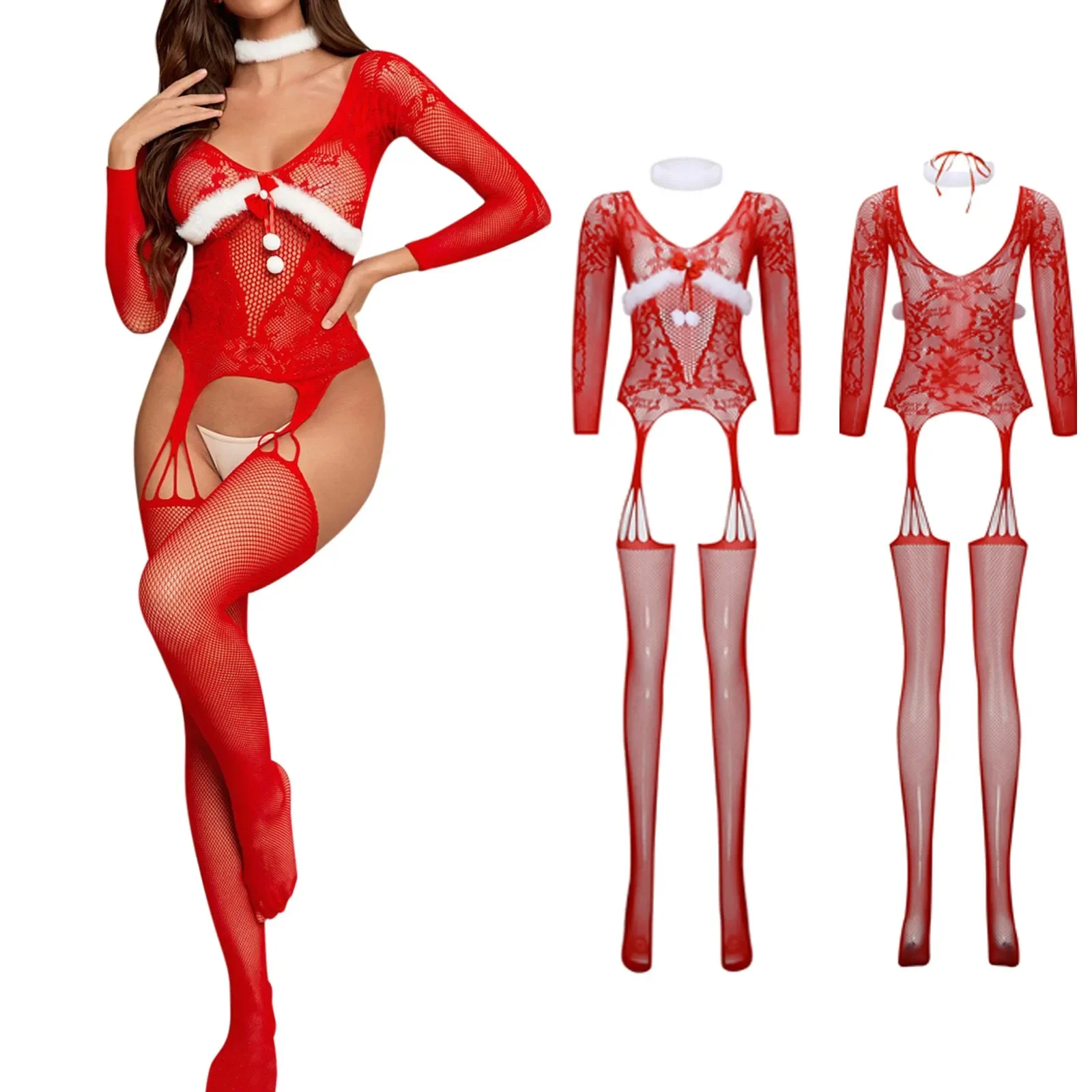 Exotic Christmas Sexy Lingerie Santa Outfit Set Cosplay Costume Nightwear Babydoll Fish Net Lace Mesh Fluffy Furry Body Stocking