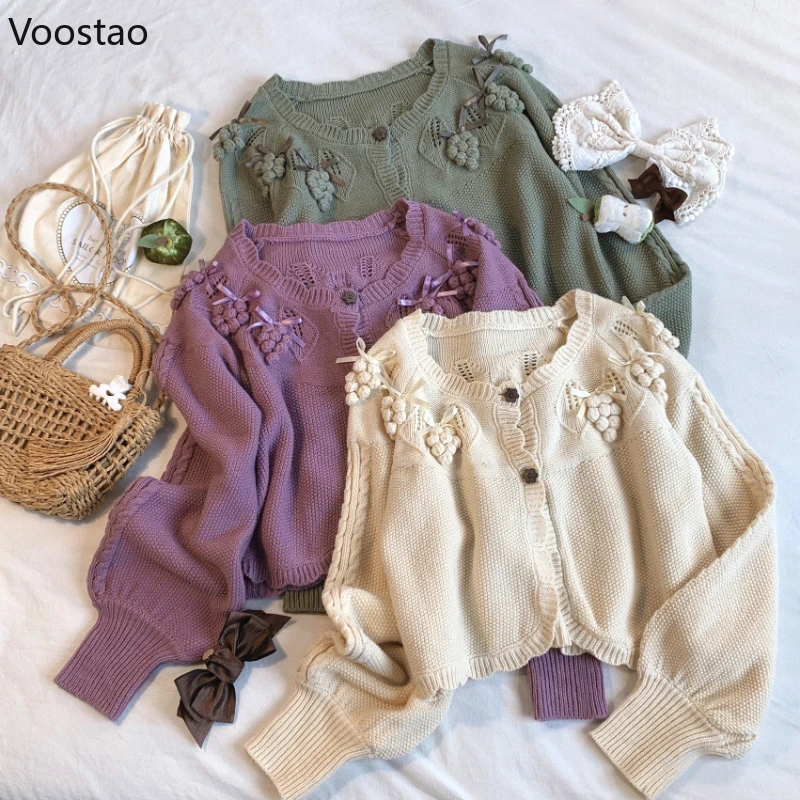 Vintage Sweet Grape Manor Knitted Cardigan Women Y2k Aesthetic Button Jackets Female Kawaii Lolita Style Short Sweaters Jumper