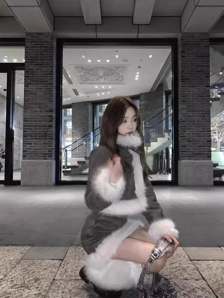 Korean Sle ort Skirt And Thiened Cotton Jaet Set Women's Faion Winter Outfit Two-Piece Ensemble Luxury Fluffy Trim