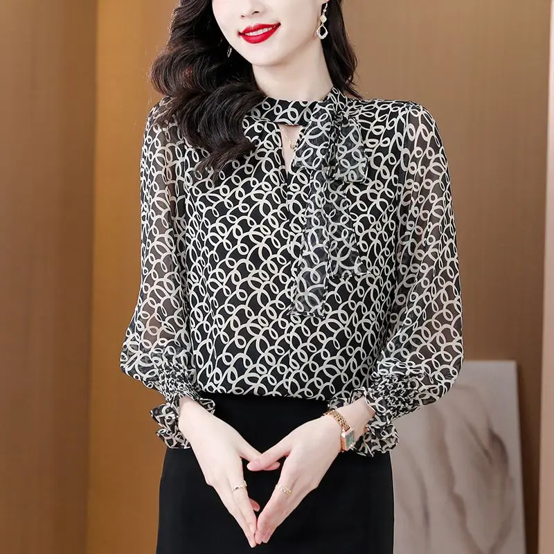 Office Lady Scarf Collar Drawstring Blouse Fashion Wave Cut Printed Elegant Cut Out Spring Autumn Long Sleeve Shirring Shirt New