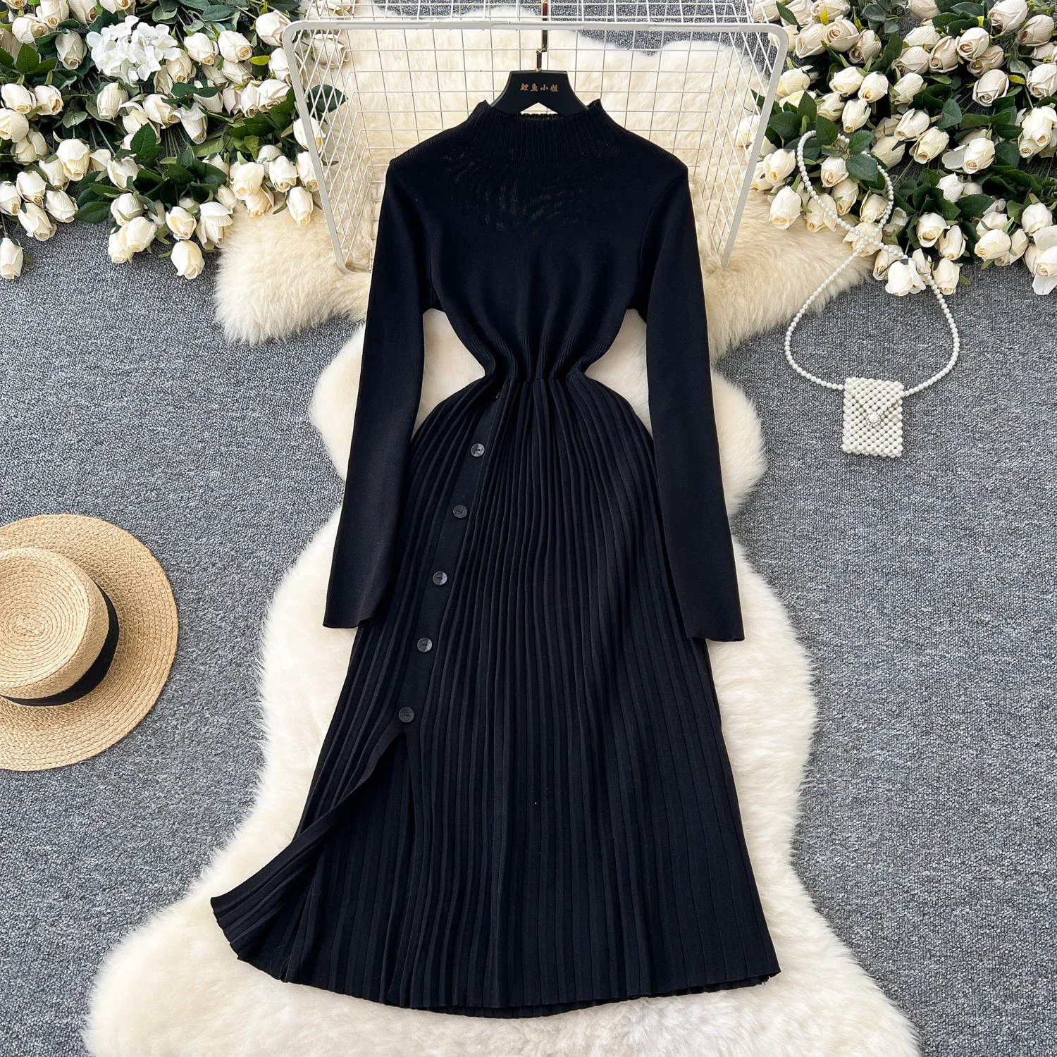 French Vintage Pleated O Neck Long Sleeve Button Knit Dress Elegant Fashion Party Slim Autumn A-line Dresses