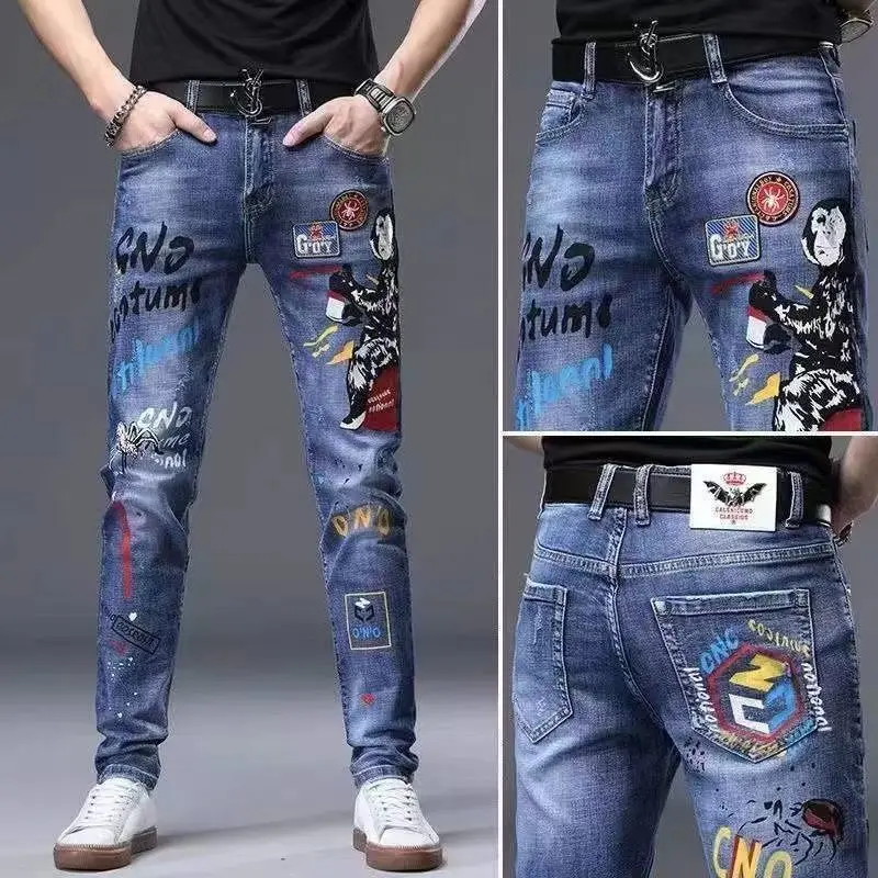 Spring and Autumn Trendy Personalized Printed Jeans Men's Korean Version Slim Fit Small Feet Embroidered Badge Youth Piercing