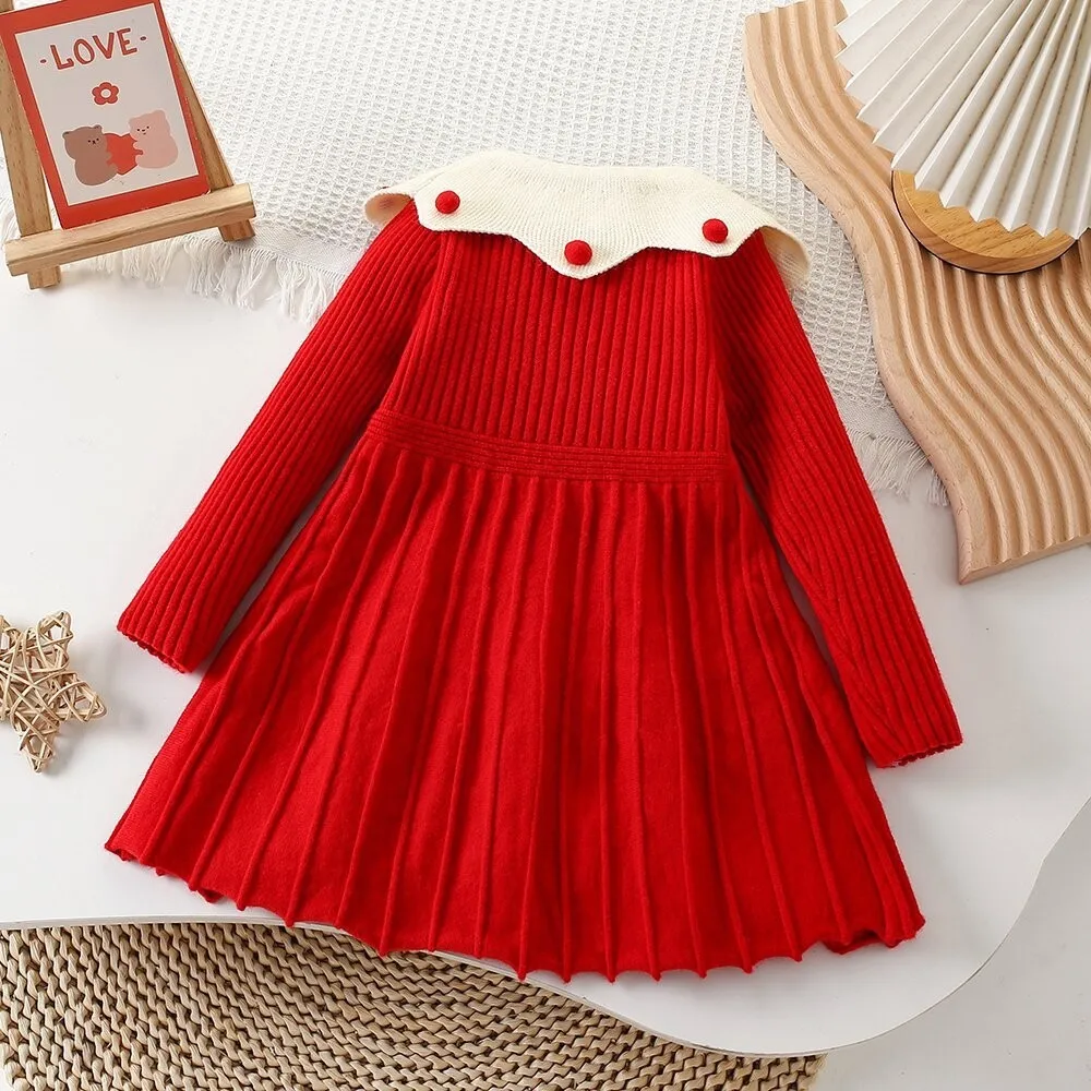 Bear Leader Red Christmas Dress Winter New Years Girls Clothes Lapel Long Sleeved Wear Sweater Dresses Kids Knitting Clothing