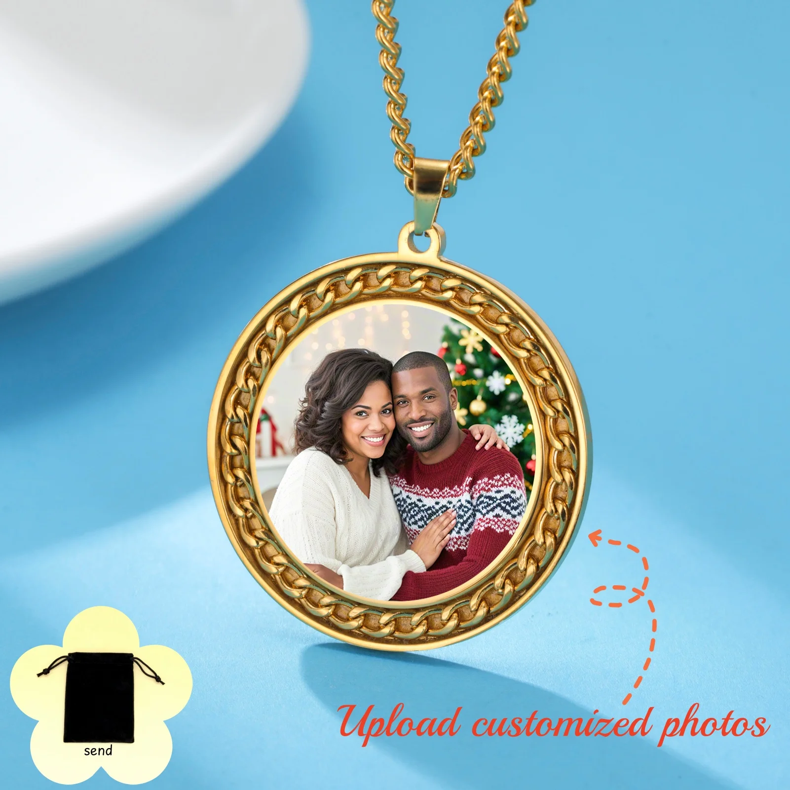 Customized Photo Circular Pendant Necklace Stainless Steel Personalized Geometric Circular Photo Couple Necklace Jewelry Gift