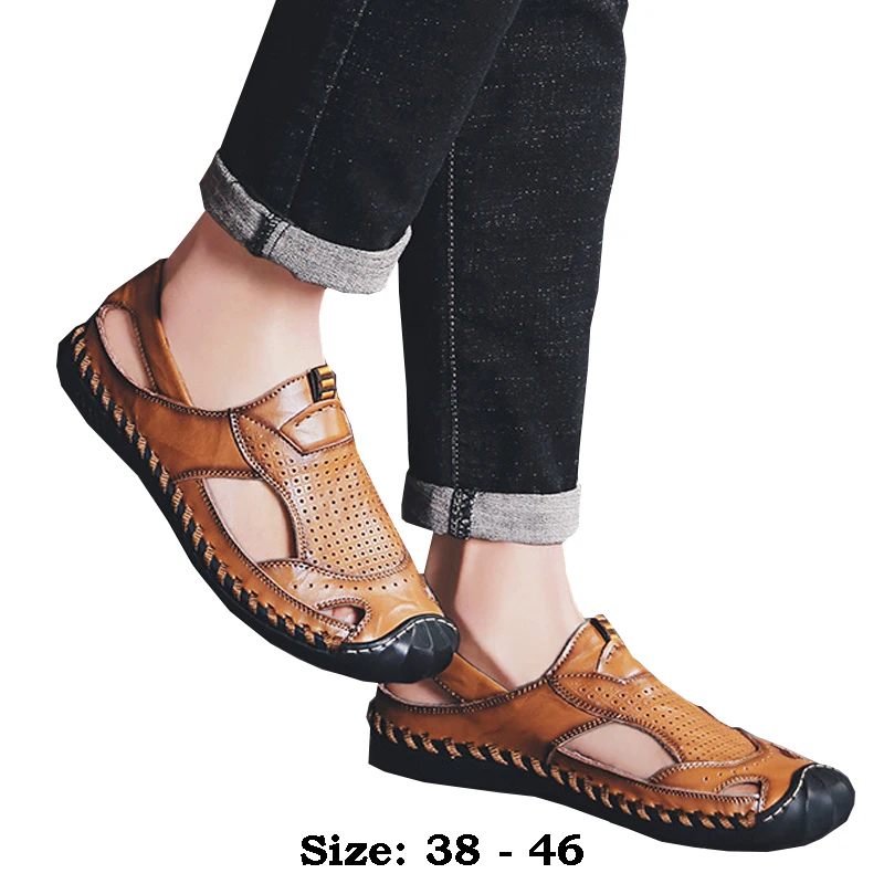 

High quality leather flat sandals for men round toes new summer 2024 size 45 46 casual outdoor walking big size shoe black brown