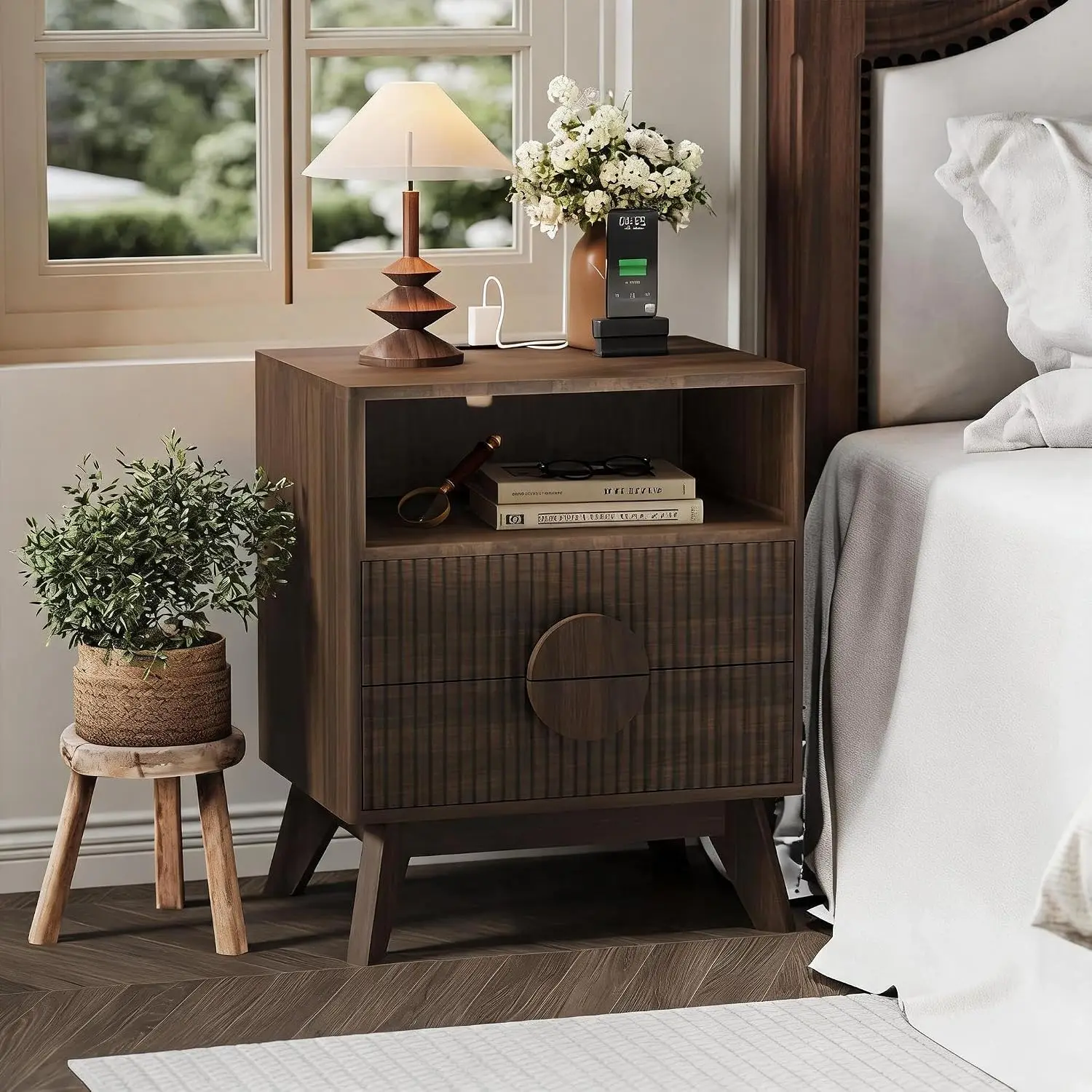 Fluted Wood Nightstand with Charging Station, 2-Drawer Table with Open Shelf USB & Power Outlets for Bedroom, Customized