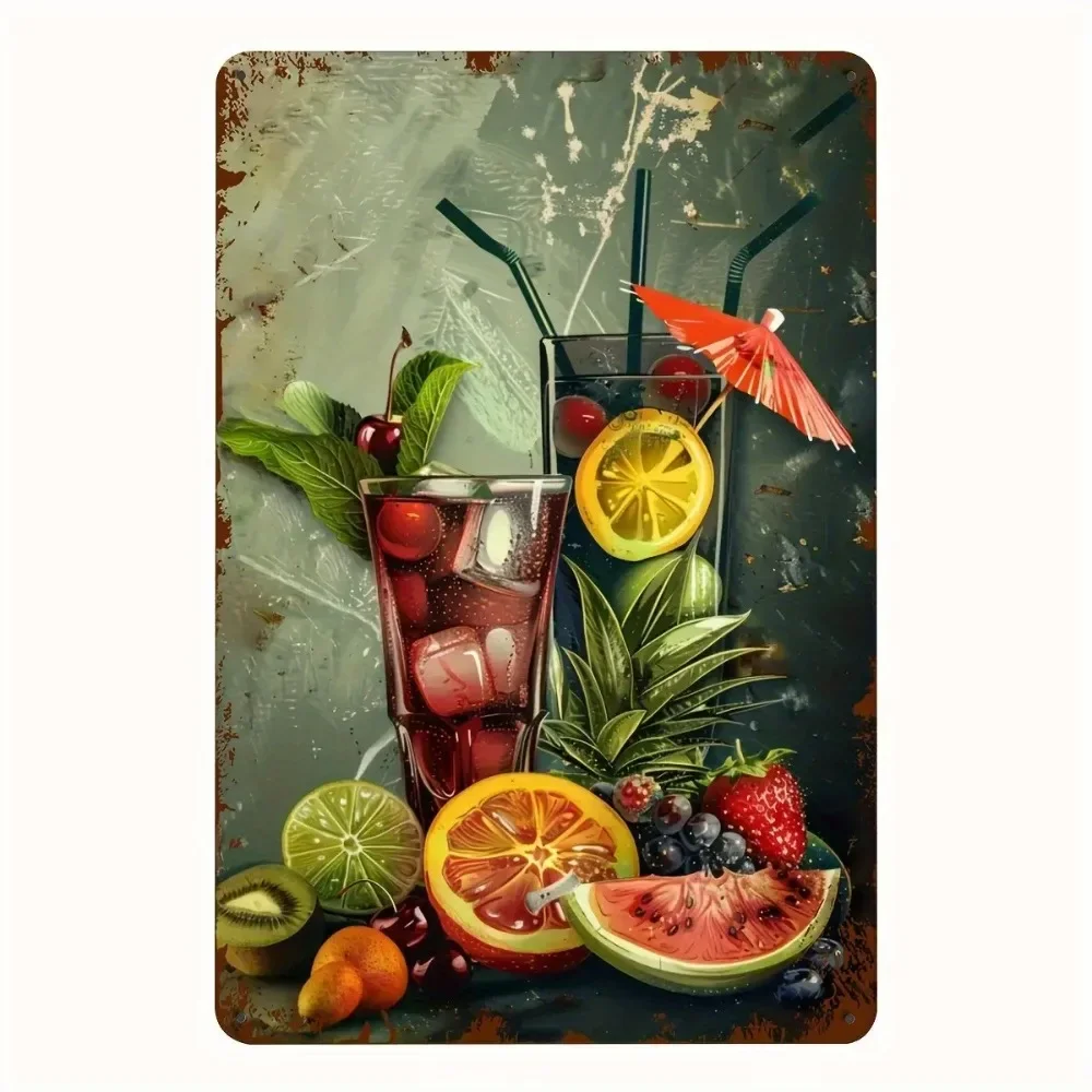 （2D Tin painting）Vintage Cocktail & Fruit Metal Sign | 8x12 Inch Waterproof Tin Wall Art for Home, Bar & Cafe | Easy Install