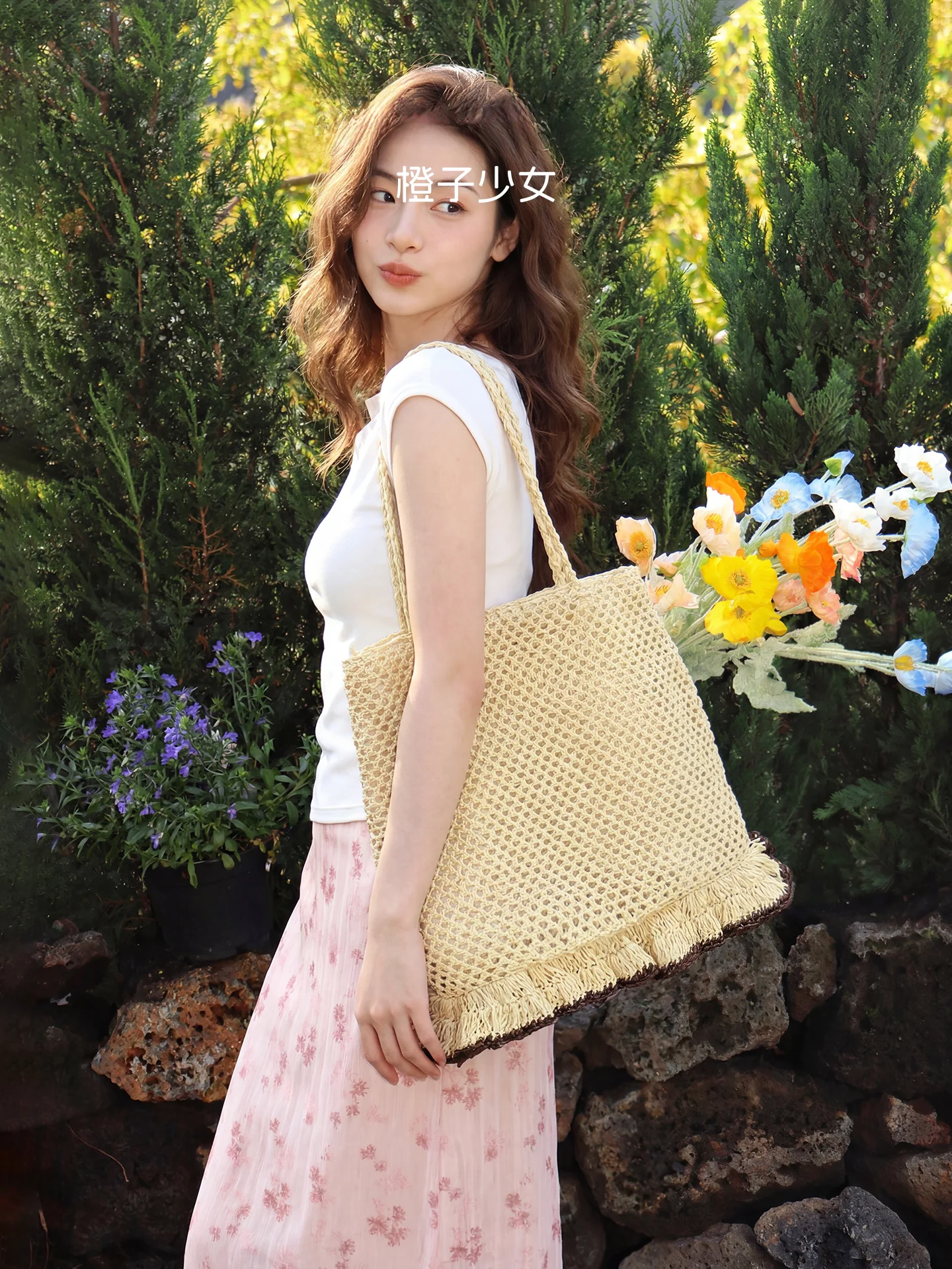

Orange Girl Ear Mushroom Skirt Hollow Weaving Straw Bag Vacation Style Beach Lazy Handbag Women Single Shoulder Bag Handbag