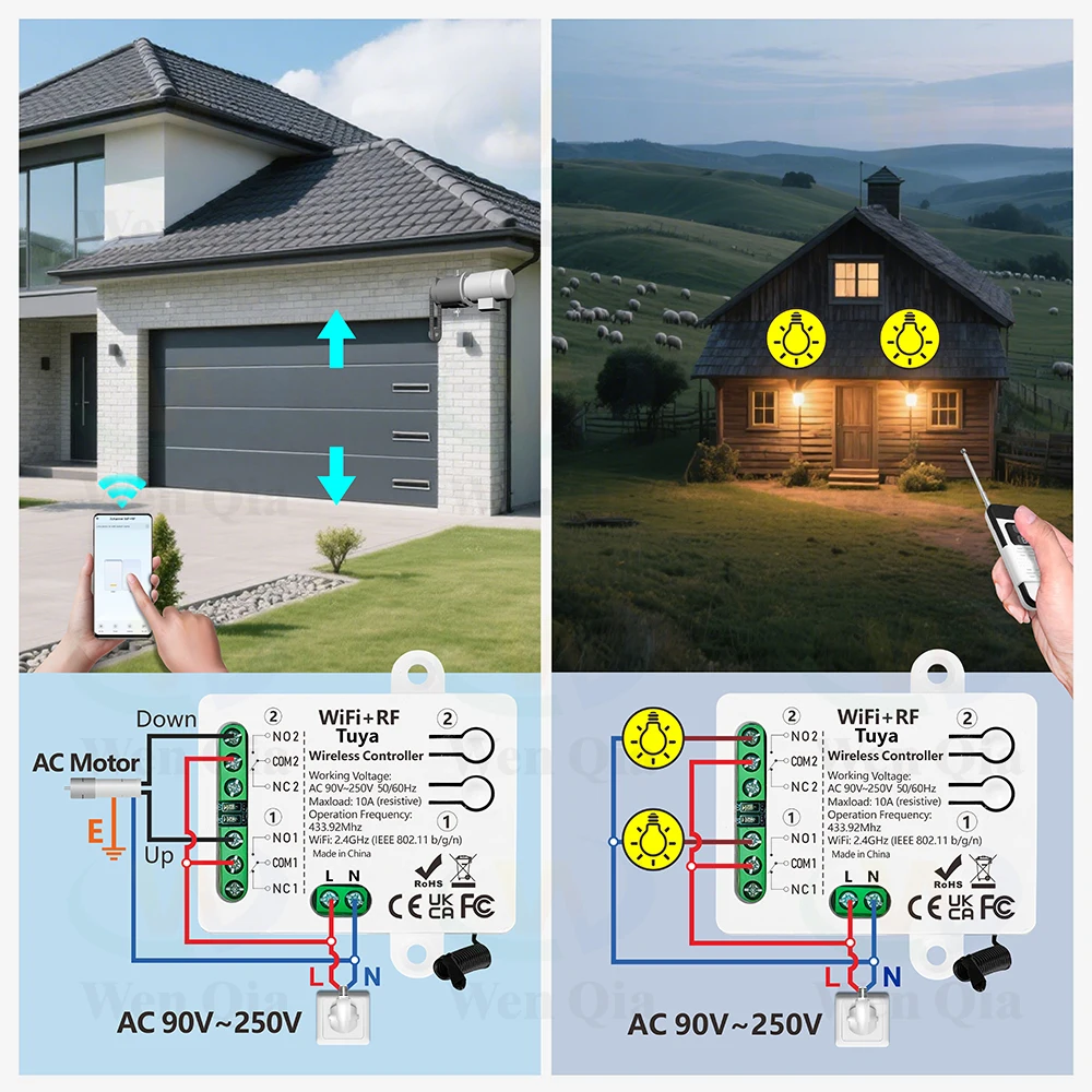 Tuya WiFi RF สมาร์ทมอเตอร์สวิทช์สวิทช์ไฟ 110V 220V 230V 10A 2 ช่อง 1000m Alexa Google Home, สําหรับโคมไฟมอเตอร์พัดลม