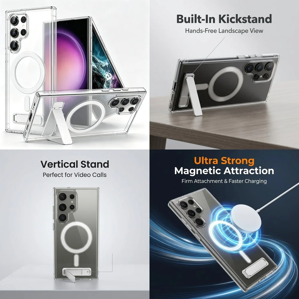 Clear Magnetic Case for Samsung Galaxy S21 S22 S23 FE S24 Ultra Plus S25 S26 Kickstand Lens Protection Wireless Charging Slim