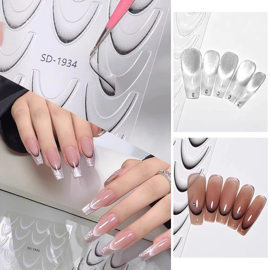 1pc 3d preto/branco sorriso linha design decalques de unhas gradiente francês arte do prego adesivos auto-adesivos dicas de unhas guias para decoração de unhas