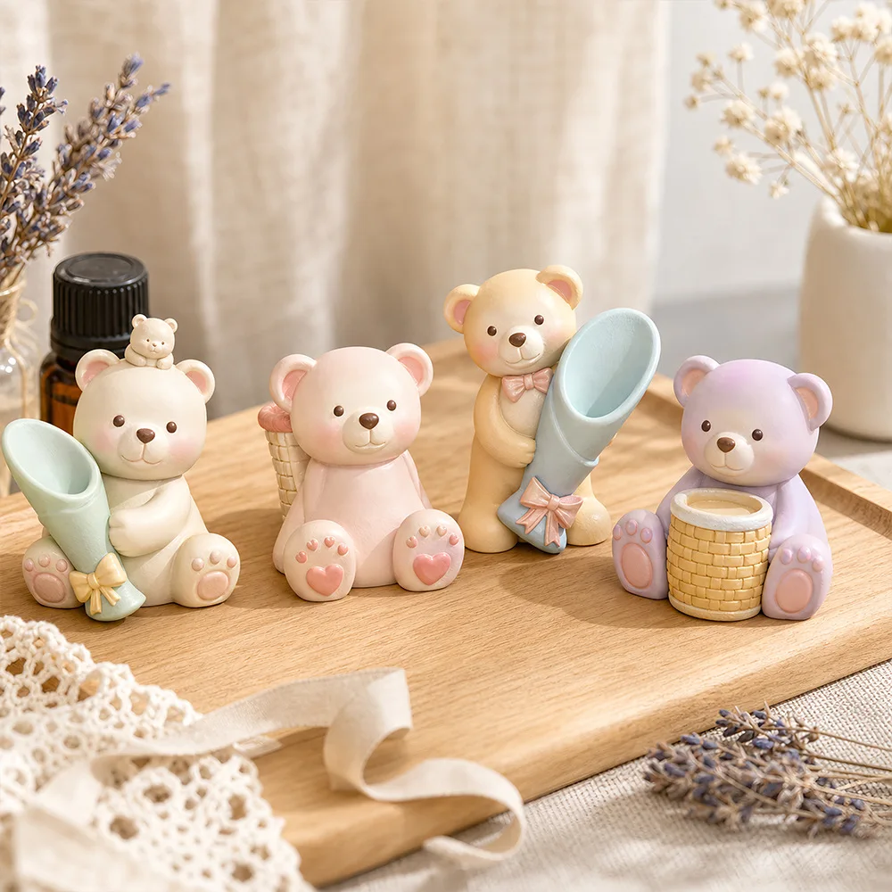 3D Flower Hugging Bear Candle Silicone Mold DIY Animals Bear Flower Vase Gypsum Plaster Candle Mold For Resin Making view 4