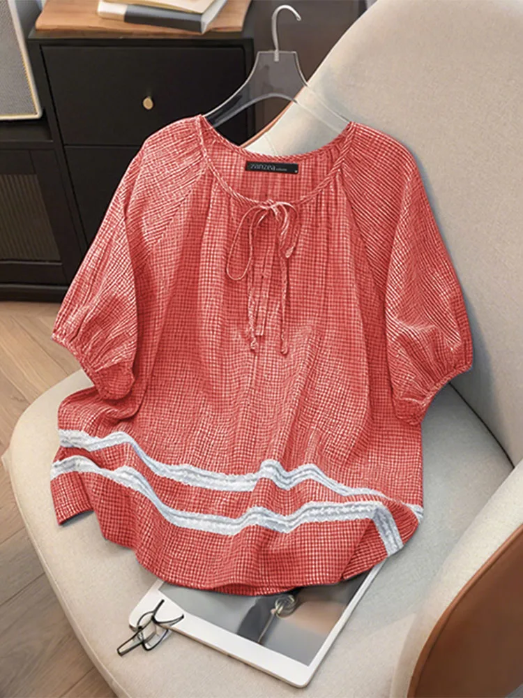 ZANZEA Vintage Blouse Women Plaid Blusas 2025 Casual Loose Short Sleeve Tops Fashion Lace Up Tunic Lace Patchwork Pullovers