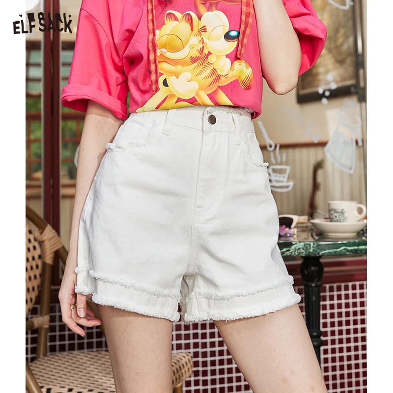 ELFSACK 2024 Summer New High Waist Ragged Edge Retro Jeans Women\'s Shorts Pink Slimming Hot Pants