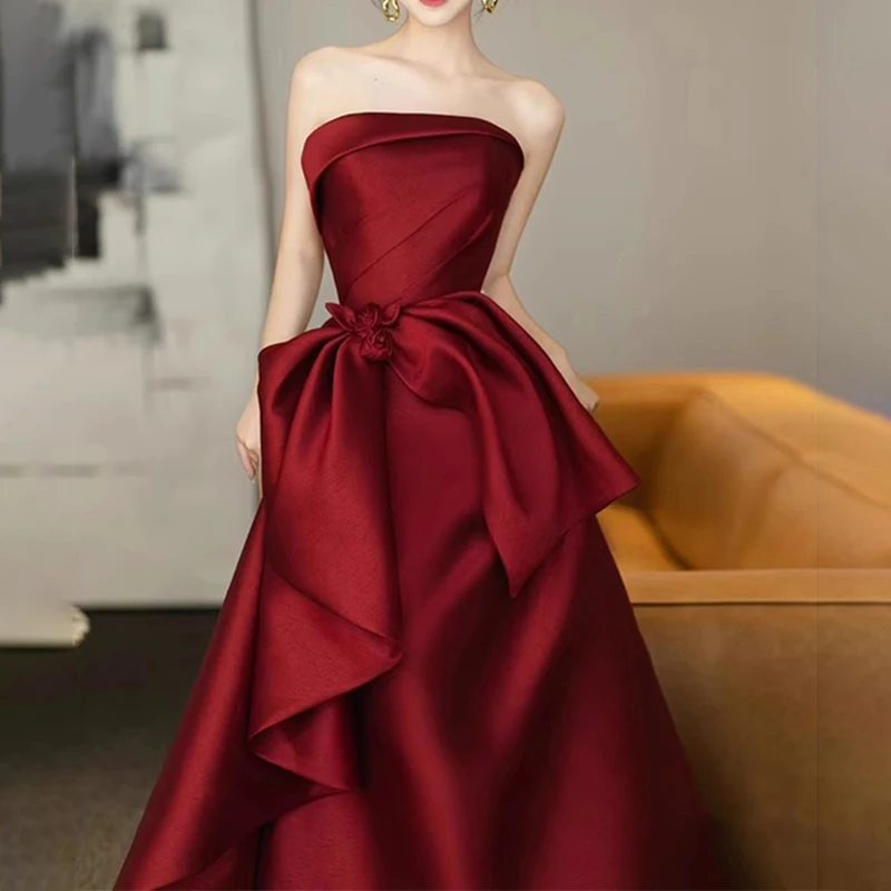 

Wine Red Bridal Toast Gown Strapless Sleeveless High Waist Long Evening Dress French Satin Engagement Party Dress