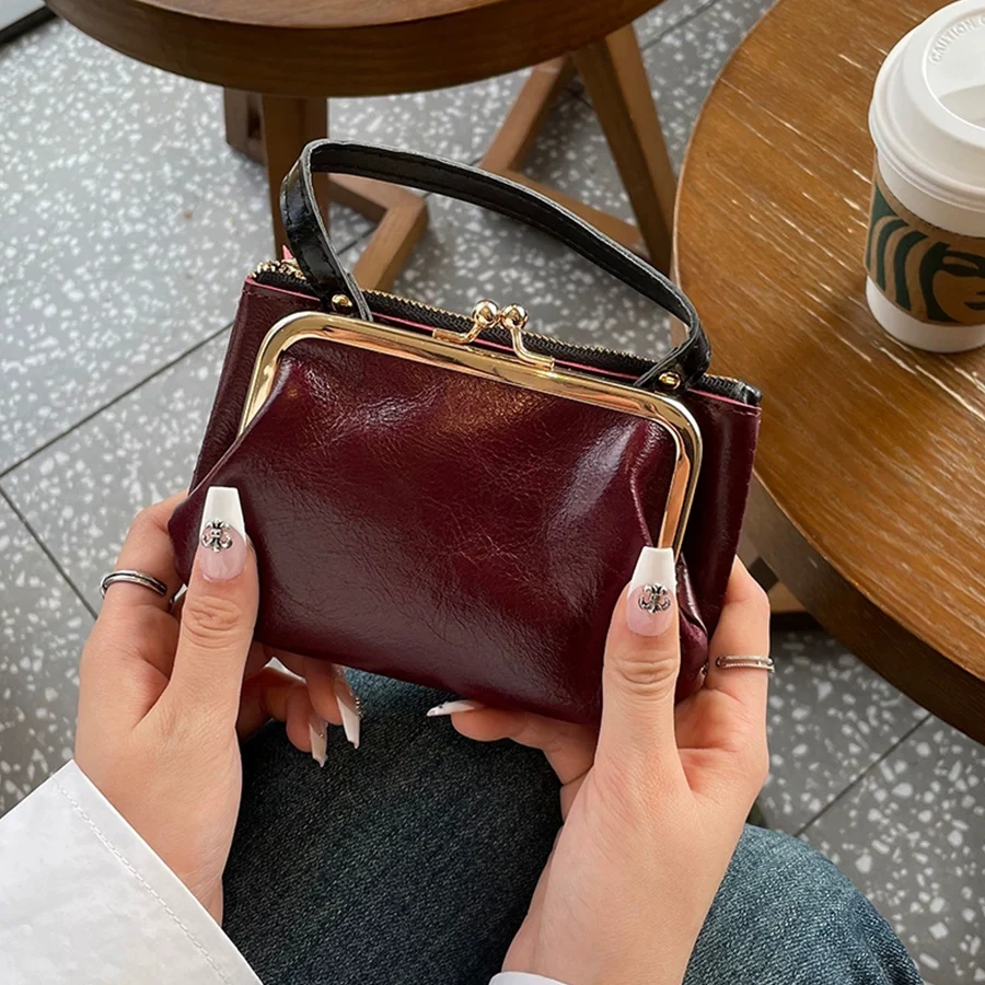 Monedero de capa superior de cera de aceite de cuero genuino, lápiz labial de piel de vaca para mujer, llaves, tarjetero pequeño de almacenamiento con cerradura de beso con cremallera