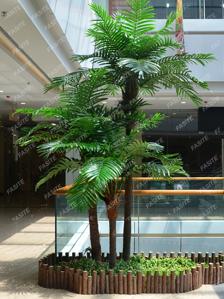 Simulation of coconut trees, large artificial landscape trees, tropical green plants, decorative fake coconut leaves