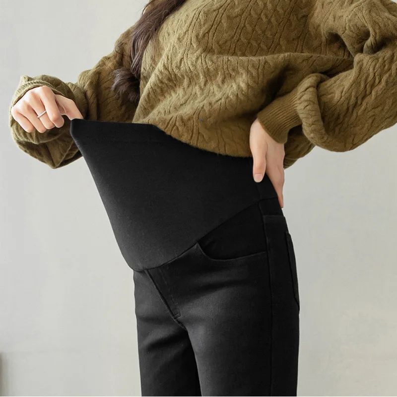 Maternity Pants Autumn New Arrival Slim Fit Thickened Straight Leg Ankle Length Stretchable Jeans With Adjustable Waist