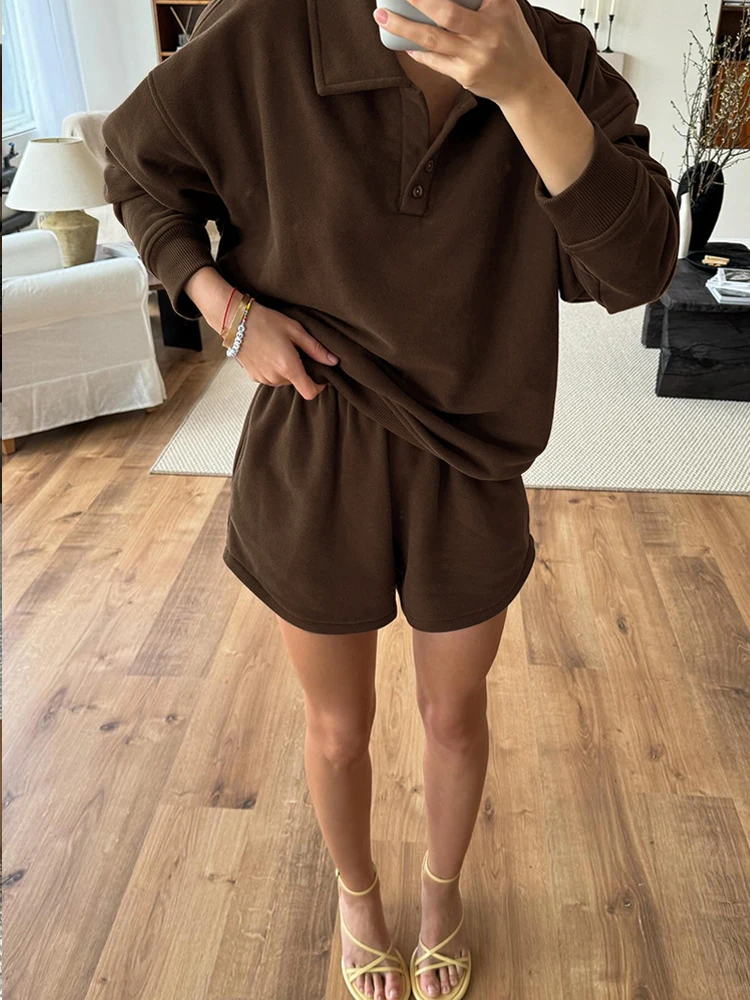 BKQU Two Piece Sets Women Shorts and Top Fashion Long Sleeve Lapel Sweatshirt High Waist Shorts Autumn Casual Streetwear Outfits