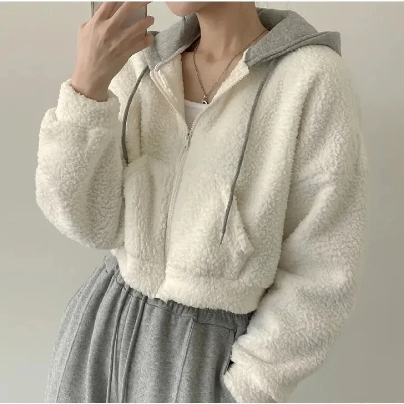 

Women Winter Short Coat Warm Patchwork Zipper Pocket Hooded Long Sleeves Cardigan Y2k Korean Solid Preppy Jacket Outerwear 후드티