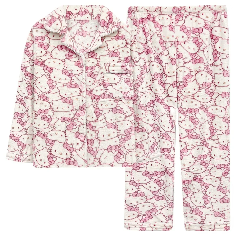 new  Hello Kitty Coral Fleece Pajamas Winter New Thickened Flannel Warm Cartoon Women's Pajamas Casual Two-piece Loungewear