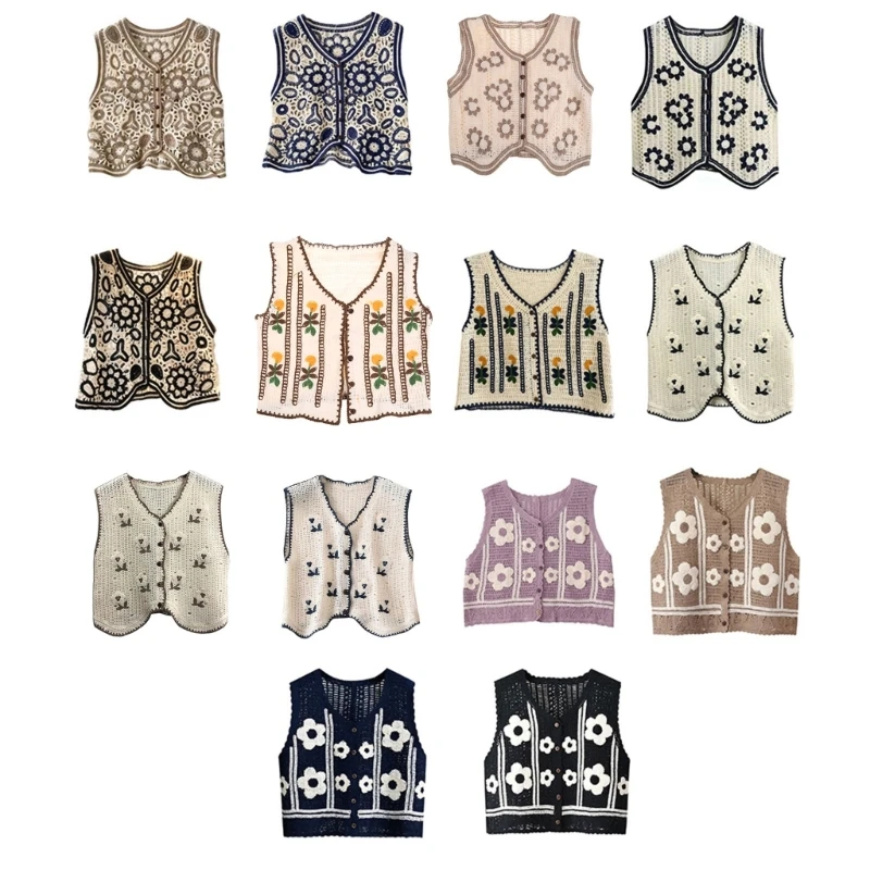 

E15E Boho Women Crochet Knit Vest Waistcoat Floral Pattern Sleeveless V-Neck Cardigan