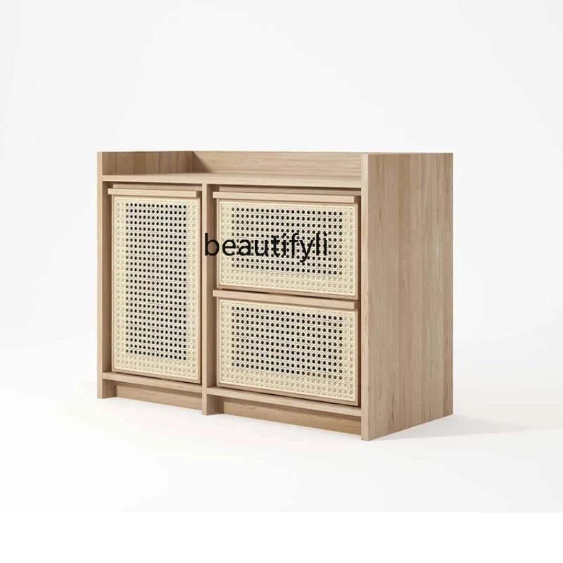 

Household Log Style Home Entrance Cabinet Living Room Locker Wood Color Rattan Woven Wall Cabinet