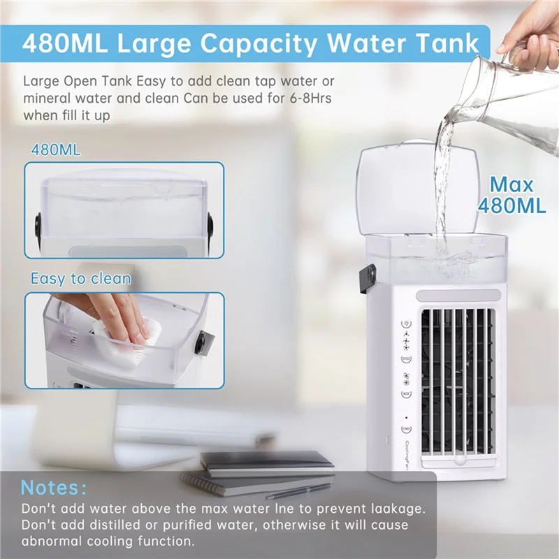 【Space-Saving】2X Portable Air Conditioner Fan 3 In 1 Desk Air Cooler And Humidifier With 3 Fan Speeds And 7 Colors LED Light