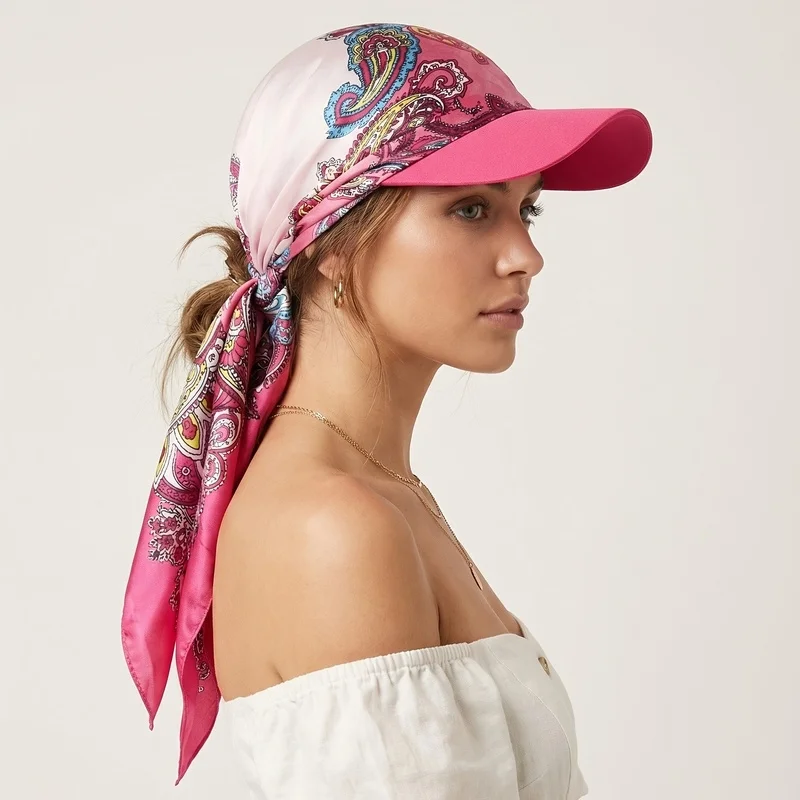 Women's Square Scarf Sun Hat Self-Tie Headscarf Hat Summer Beach Hat with brim and Ties