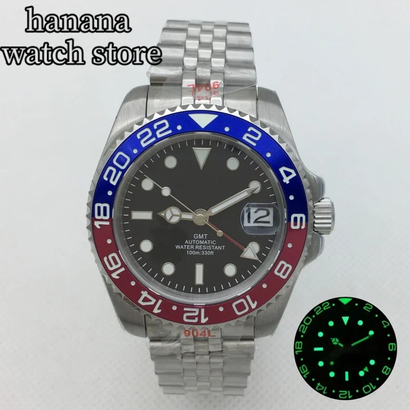 BLIGER 40mm GMT Men Mechanical Wristwatch NH34 Watch Sapphire Glass Luminous Ceramic Bezel Green Red Blue GMT Letters Black Dial