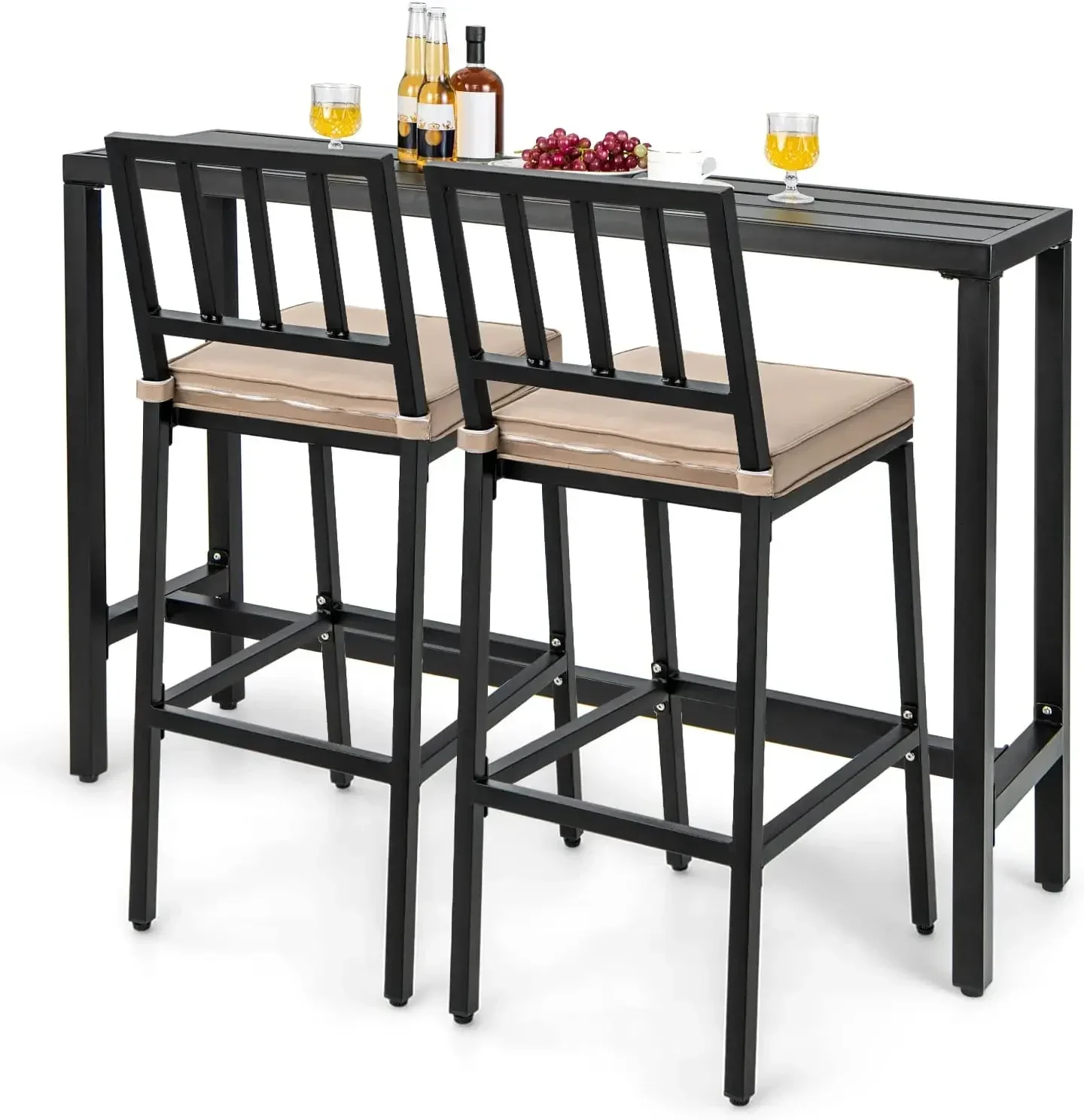 3 Piece Outdoor Patio Bar Set, 55" Rectangular Pub Height High Top Bar Table with 2 Cushioned  Stools, MetalTable