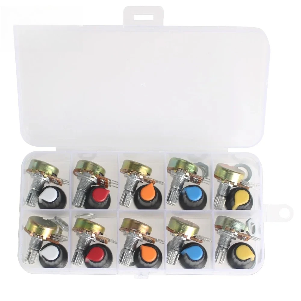10Set WH148 الجهد كيت 1K/2K/5K/10K/20K/50K/100K/250K/500K/1M أوم 15 مللي متر 3Pin المقاومات الدوارة مع غطاء المقابض