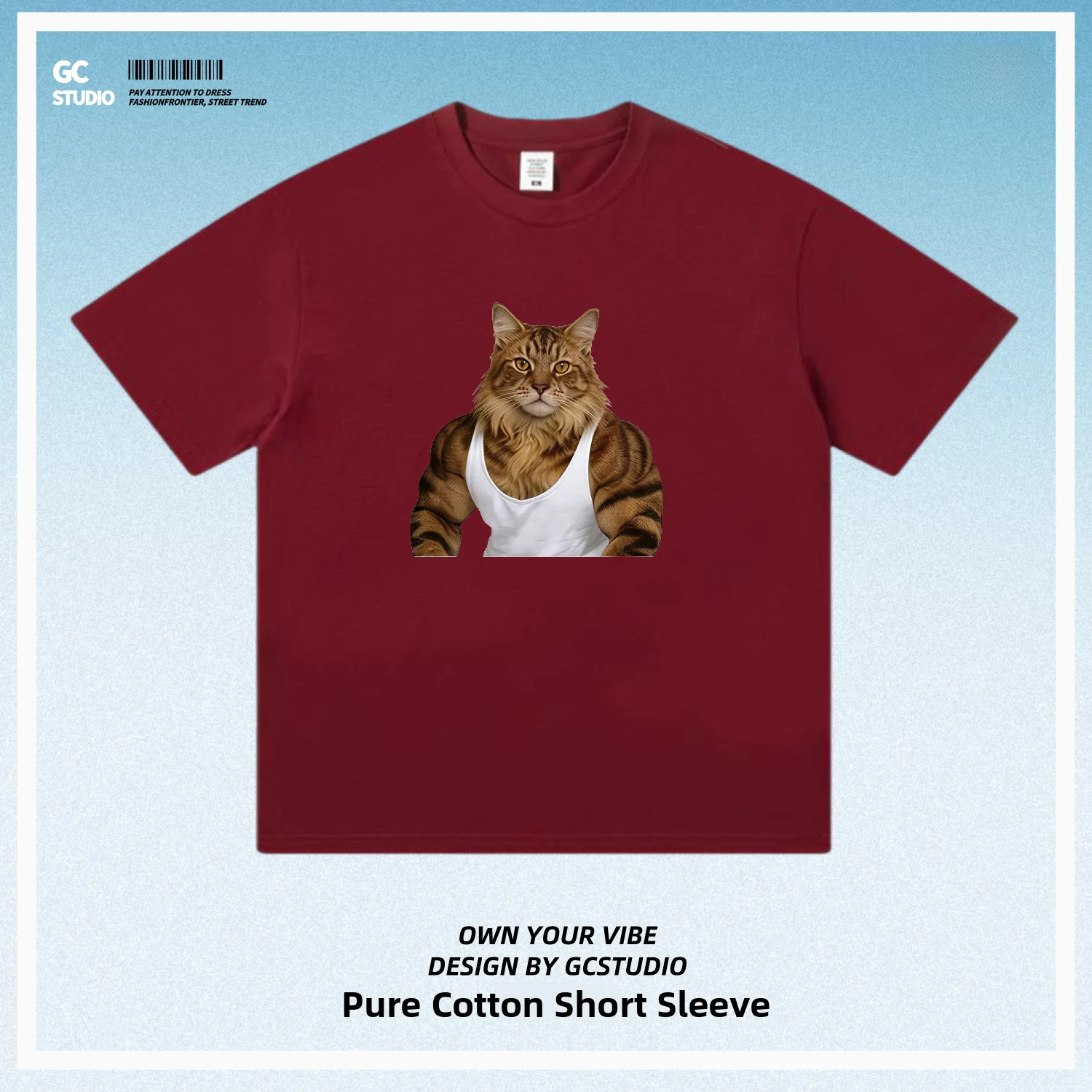 Cute Pet Tiger Spotted Maine Coon Muscle Brown Short Sleeve T-Shirt Pure Cotton Summer Fitness Sporty Unisex Youth Fashion