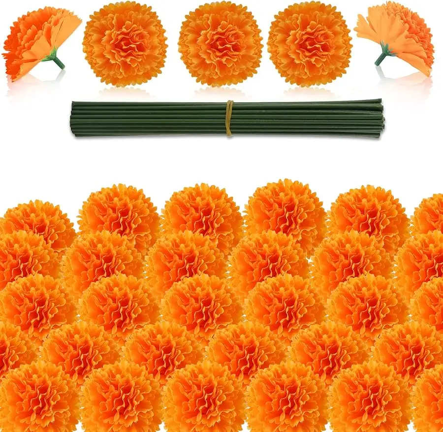 

50Pcs Artificial Marigold Flower Heads, Silk Marigold Heads Bulk Fake Flowers for Dia De Los Muertos Decor DIY Marigold Garland