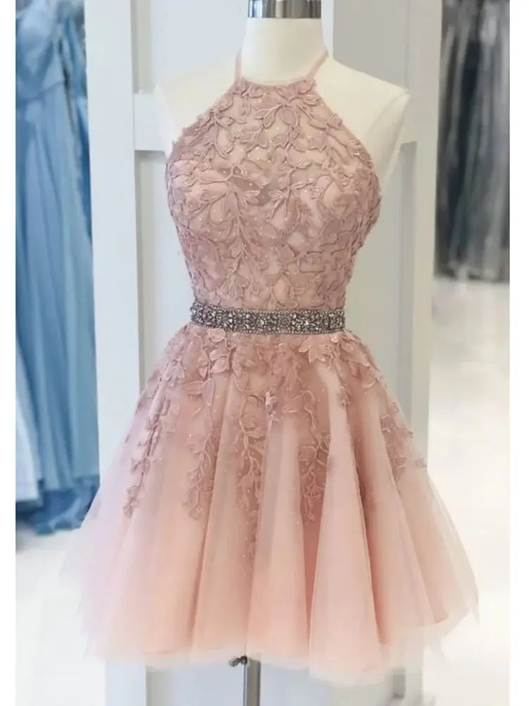 

Halter Lace Blush Short Homecoming Dresses Beading A Line Appliques Formal Graduation Mini Cocktail Prom Party Gowns