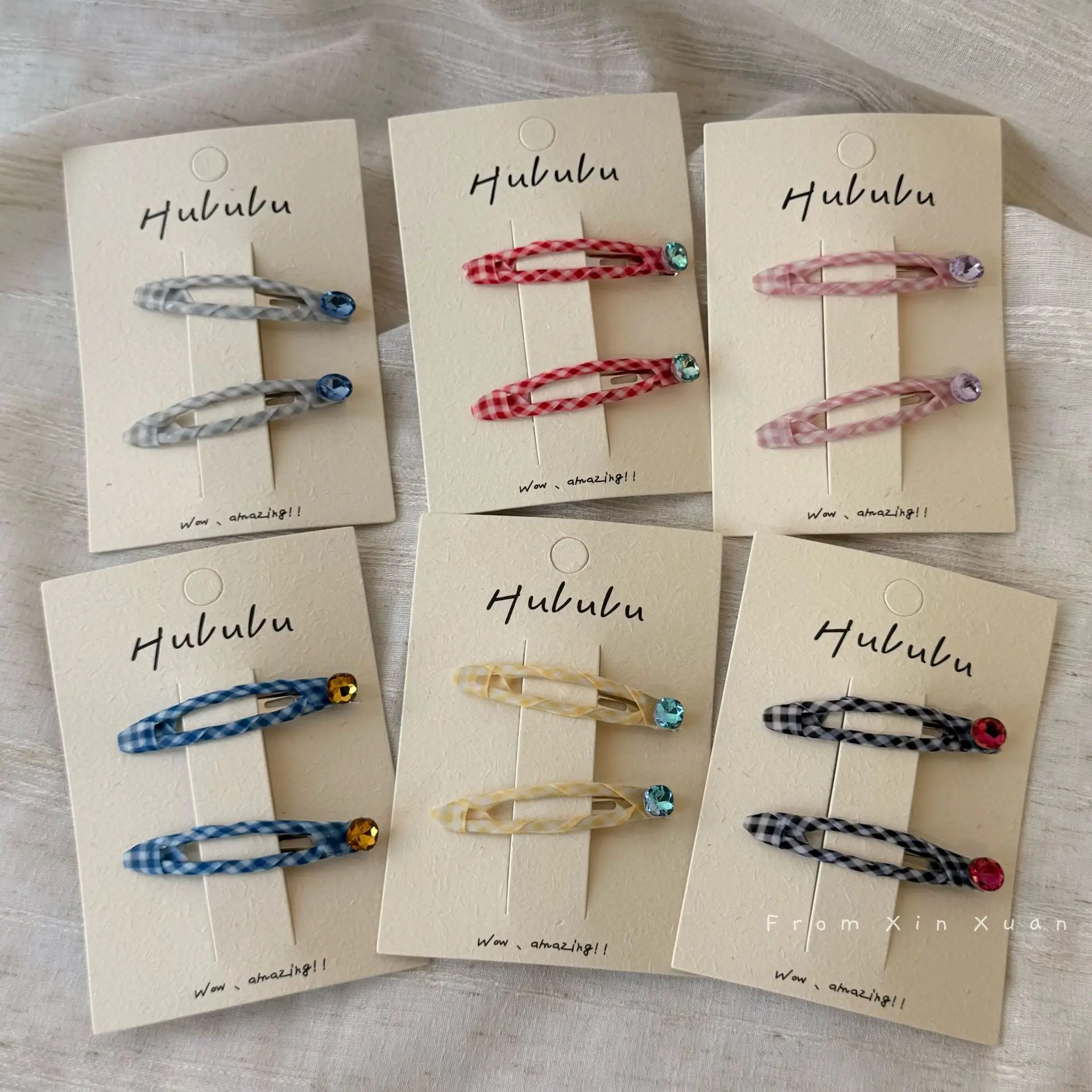 2pcs Colorful Plaid BB Clips Rhinestone Bangs Side Clips Water Droplet Shaped Hollow Sweet  Versatile Hair Style Clips for Girls