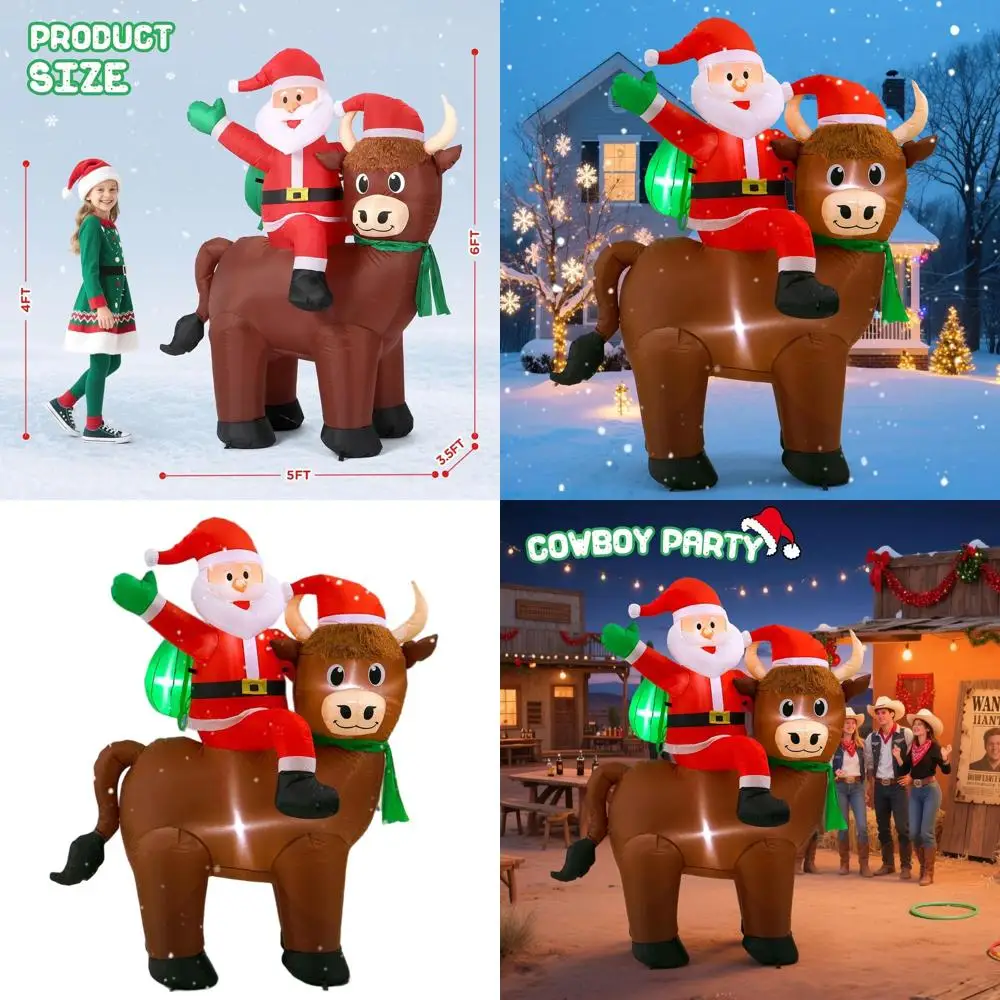 

6ft Christmas Highland Cow Santa Inflatables: Outdoor LED Lighted Yard Decor with Cute Farm Animal for Holiday Lawn Party