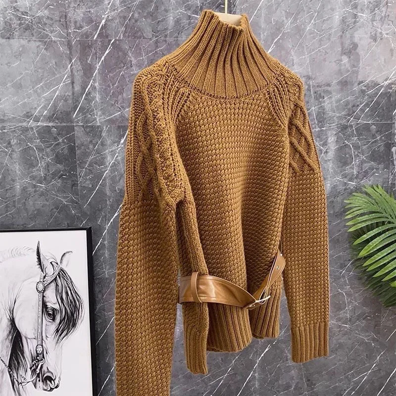 

High Neck Sweater Pullover Top 2025 Autumn Winter New Knit Sweater Coffee Color Coarse Needle Sweater Female Knitwear Match Belt