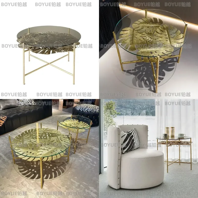 Luxury Pure Copper Coffee Table with Tempered Glass Leaf Design Artistic Round Edge for Villa Living Room Modern Home Decor