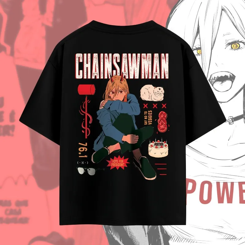 Chainsaw Man Power T-shirt, Anime Double Sided Printed Loose T-shirt, Retro Comic Pattern Short Sleeve, Soft Fabric Short Sleeve