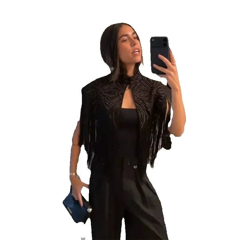 Capelet bohème audacieux avec franges brodées, vêtements d'extérieur pour femmes, style urbain, audacieux, décontracté, tendance, vintage, tenues féminines