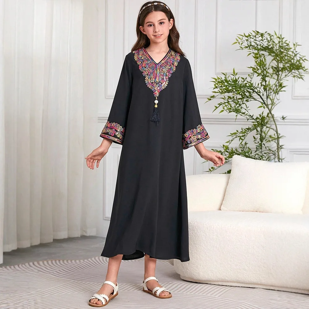 

Morocco Muslim Kids Girls Beaded Abaya Maxi Dress Robe Ramadan Eid Djellaba Islamic Children Clothing Arabic Turkey Kaftan Gown