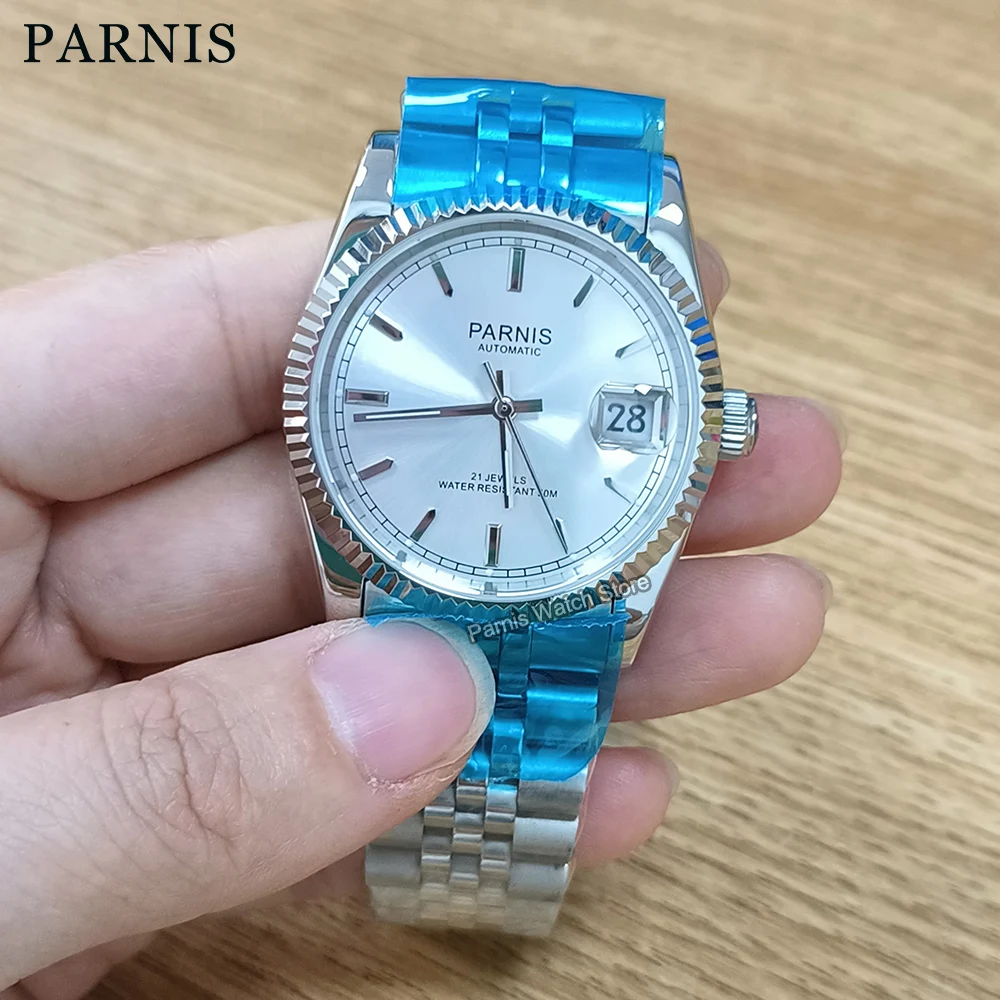 

Parnis 36mm Luminous Mark Sapphire Crystal Automatic Men's Wristwatch 5 ATM Stainless Steel Jubilee Bracelet