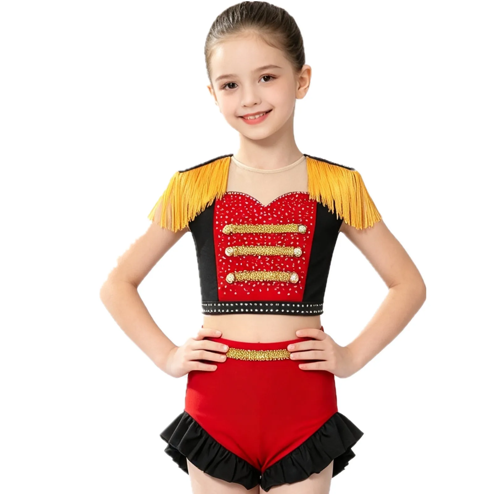 Kids Girls Halloween Carnival Circus Ringmaster Showman Dress Up Performance Costume Sleeveless Crop Top with Ruffled Shorts Set