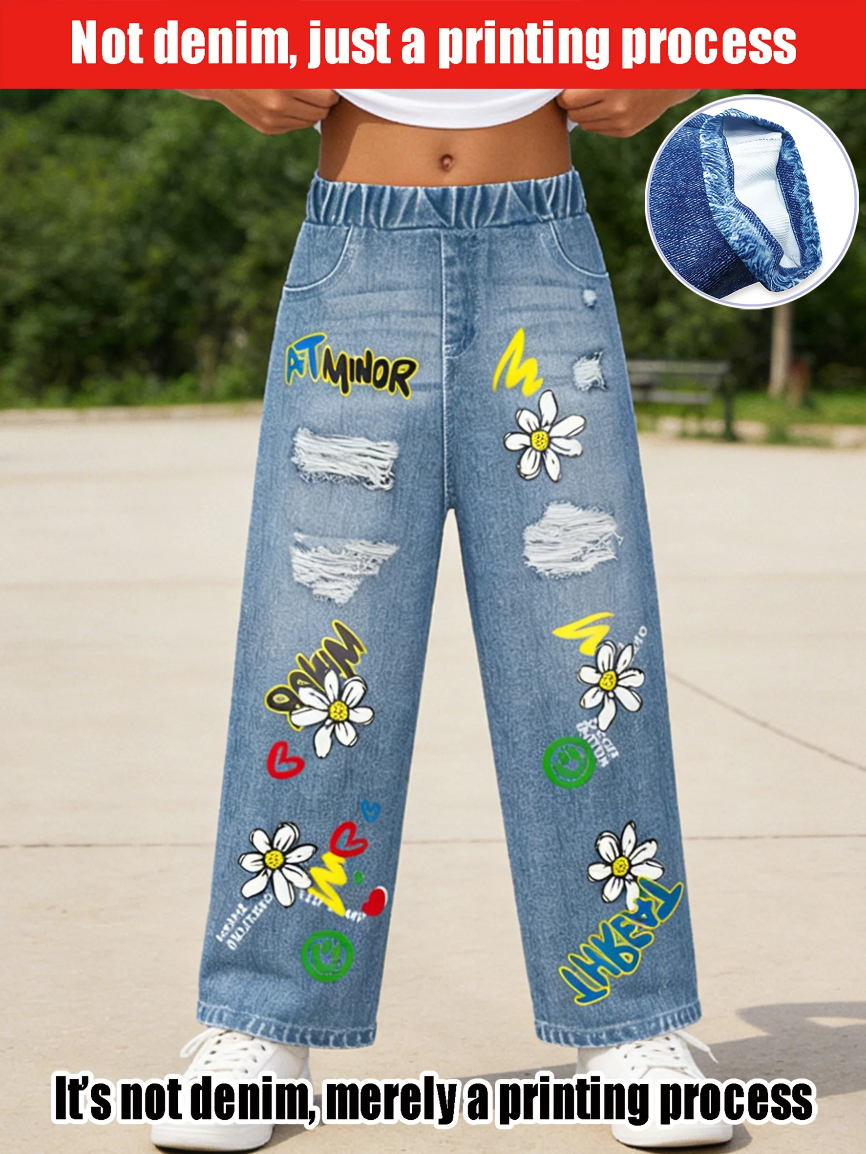 

2026 children's light blue imitation denim elastic waist wide-leg pants, old and broken