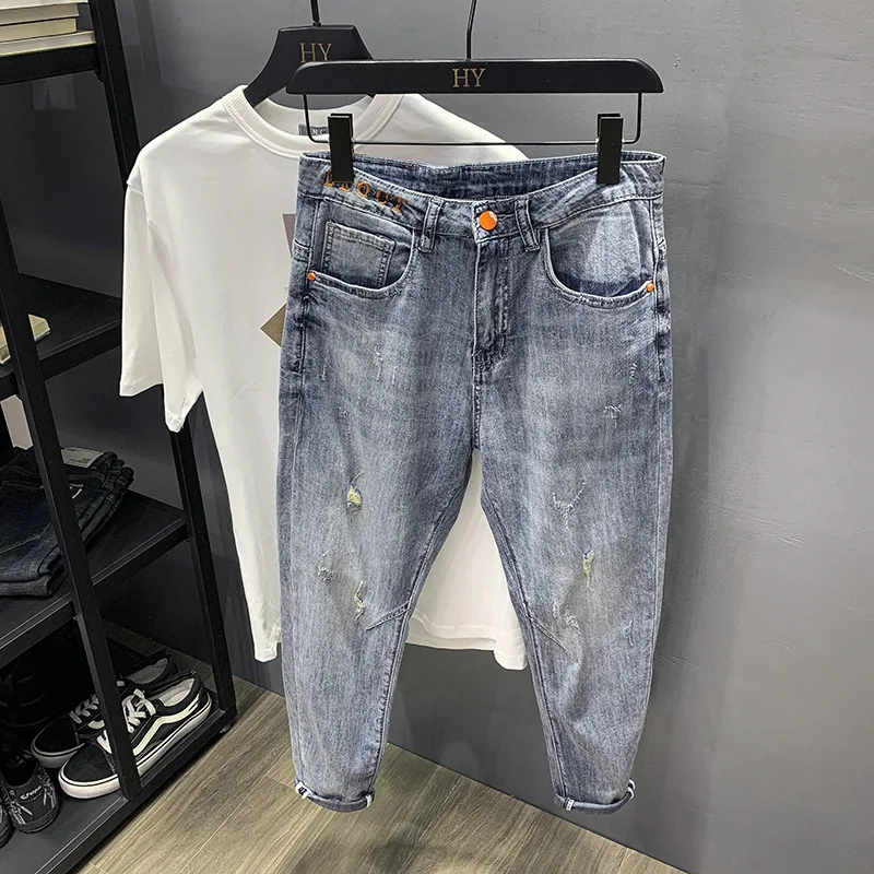 Jeans Heren Zomer Dunne Mode High-End Stretch Zacht Comfort En Casual Slim Fit Skinny En Volledig Bijpassende Lichtblauwe Broek