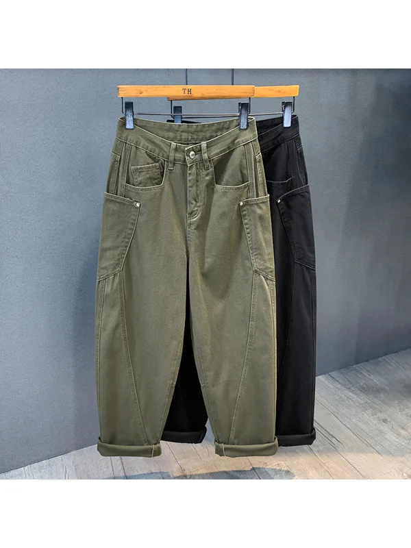 Trendy Black Denim Jeans Men's Autumn Wide Leg Knife Pants Patchwork Workwear Casual Harlan Men's Clothing Slim Fit Jeans