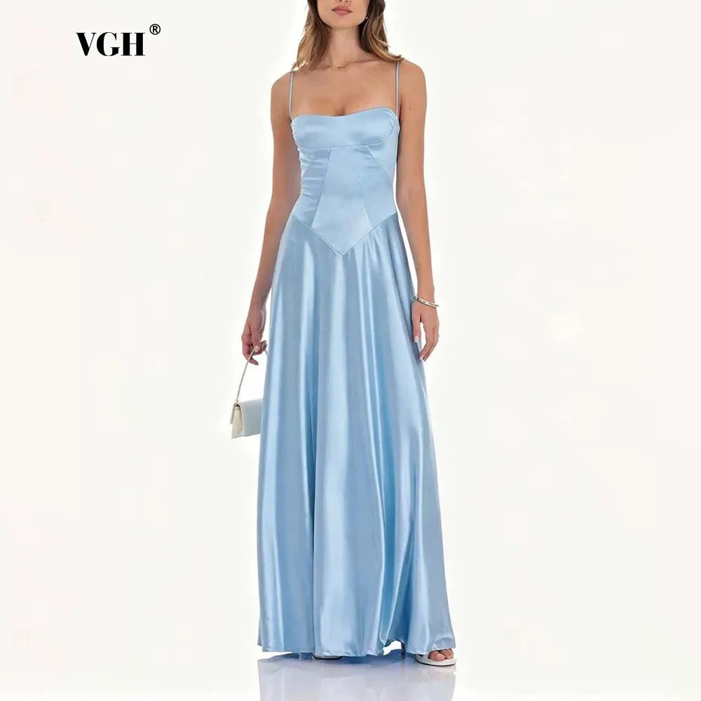 VGH Mehrfarbiges Satin-Maxikleid für Damen, dünne Spaghettiträger, quadratischer Korsett-Bustier, Schnürung am Rücken, A-Linien-Rock für Abendpartys