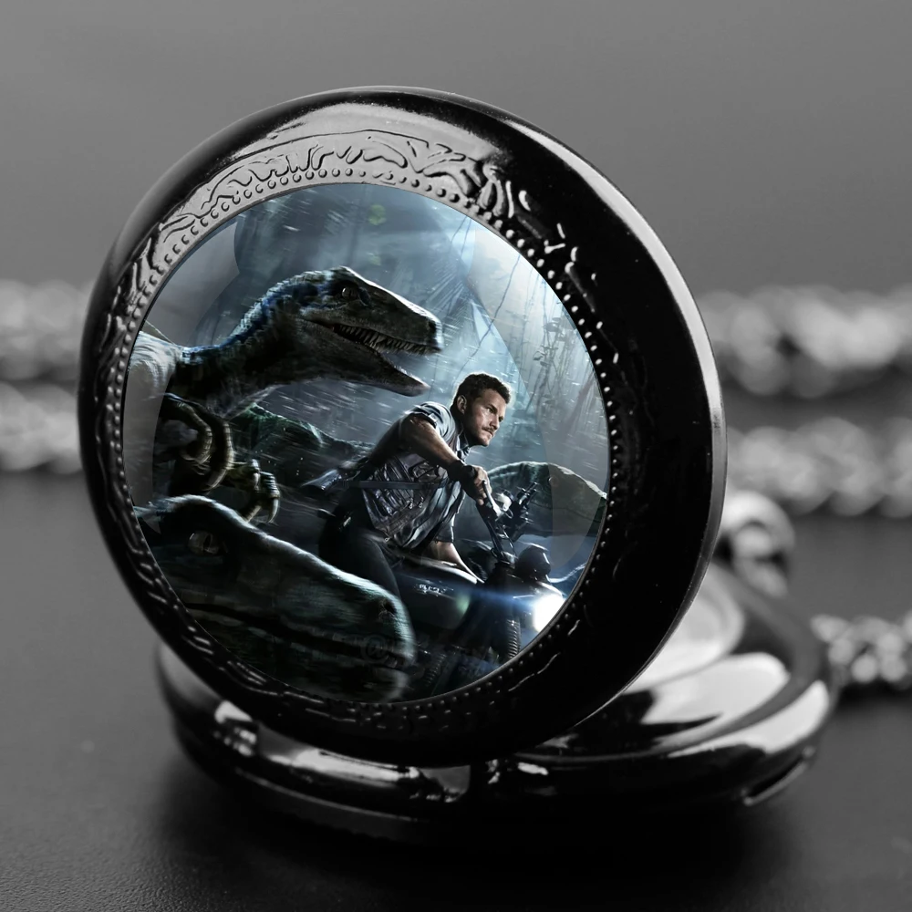 Dino-Themed World Glass Dome Quartz Pocket Watch: Boasting a Durable Chain and Arabic Numeral Face Top Halloween Gifts for Men